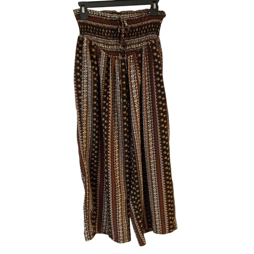 Boho Wide-Leg Smocked Waist Pants With Floral & Geometric Print Multicolor Light